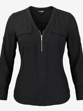 Express 1/4 Zip Up Black Women's Tunic Blouse Top Roll Up Sleeves Size L